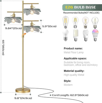 65" Dimmable Gold Floor Lamp, 3-Light Antique Brass Tree Standing Lamp with Dark Green Flower Glass Shade, Rustic Tall Floor Light for Bedroom Corner Living Room Study Office