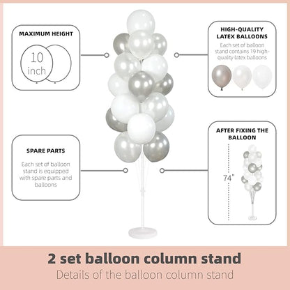 Balloon Column Kit Set of 2 With Balloons Included - with Base, and Pole,Balloon Tower Backdrop Decoration for Wedding, Baby Shower, Birthday Party, or Bachelorette Parties (Silver White)