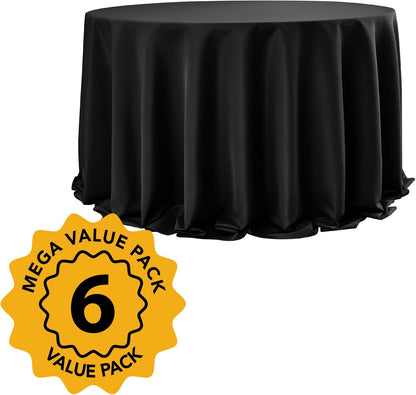 6-Pack Black Round Tablecloths, 132 Inches, Stain-Resistant Polyester for 6-8 Ft Round Tables - Washable Table Covers for Weddings, Banquets, Birthday Parties, Events