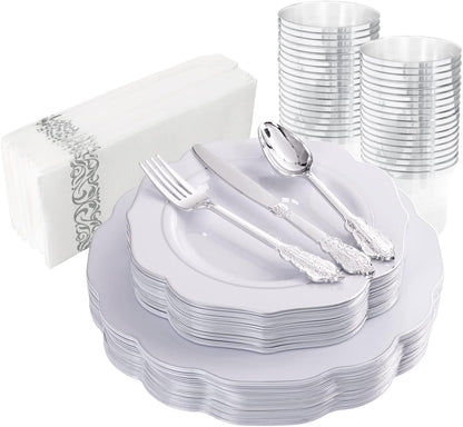 NOCCUR 175pcs Silver Plastic Plates - Silver Rim Plastic Tableware Include 25 Dinner/Dessert Plates, 25 Forks, 25 Knives, 25 Spoons for Wedding/Party/Christmas