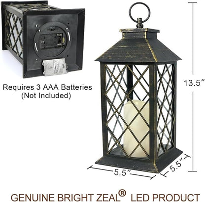 13.5" Outdoor Candle Lantern Decorative with LED Pillar Candle Battery Powered (Distressed Gold, 6hr Timer) - IP44 Waterproof Decorative Tabletop Lanterns Hanging Lanterns Indoor Outdoor