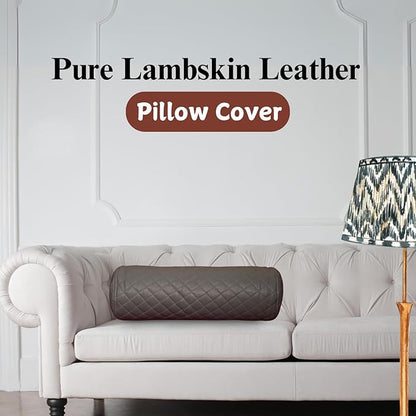 Neck Roll Pillow Cushion Cover, 18x6 Inch Full Moon Round Bolster Pillow Case, Cylinder Soft Lambskin Leather Pillowcase for Head, Spine & Neck Support During Sleep - Quilted Grey Pack of 2