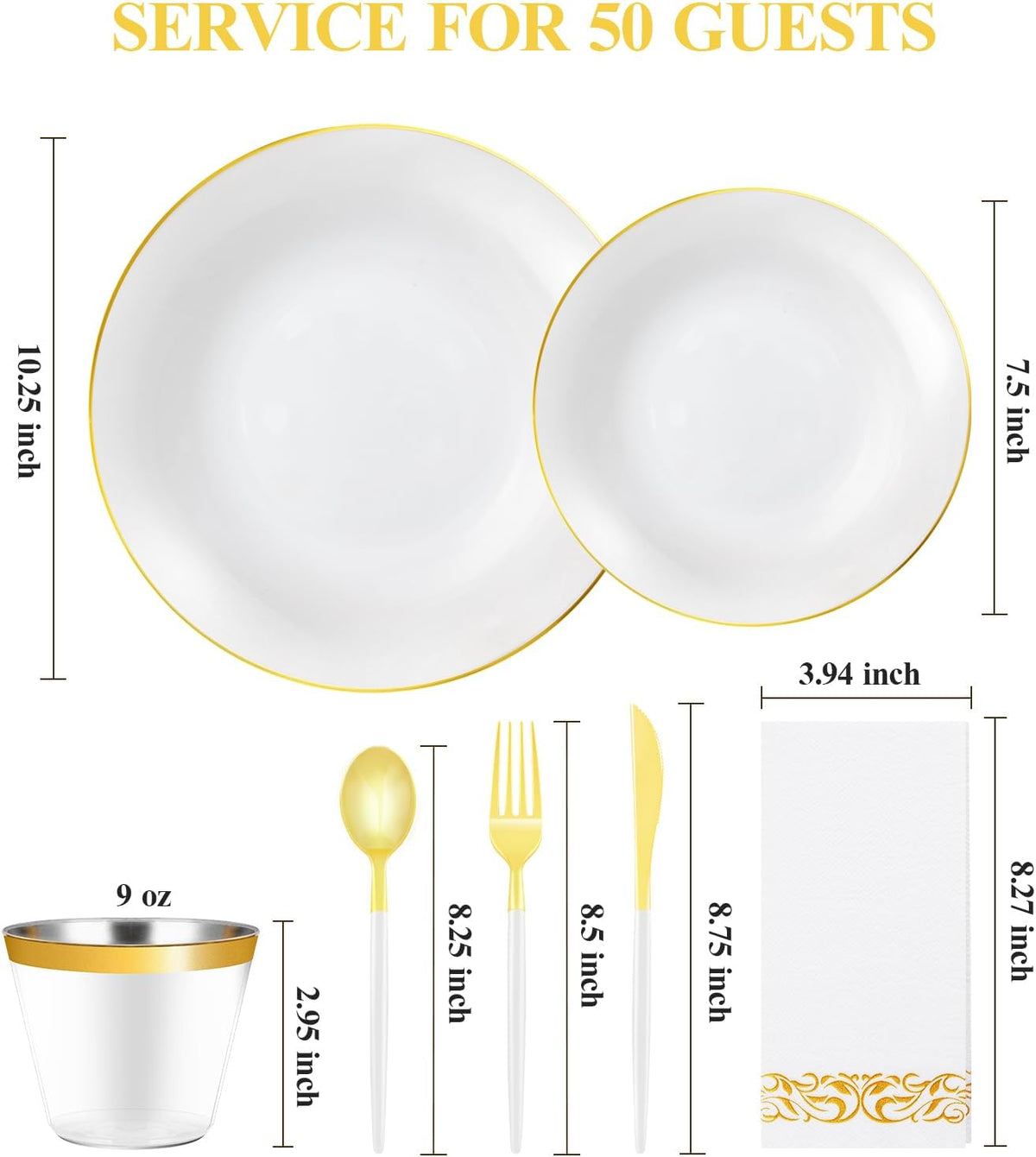 350 Pieces White Gold Plastic Dinnerware Set, Gold Disposable Plates for Party, Graduation, Include 100 White Plates with 150 Plastic Cutlery, 50 Napkins and 50 Cups