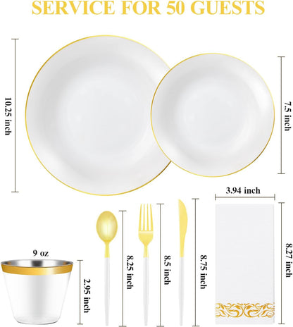 350 Pieces White Gold Plastic Dinnerware Set, Gold Disposable Plates for Party, Graduation, Include 100 White Plates with 150 Plastic Cutlery, 50 Napkins and 50 Cups