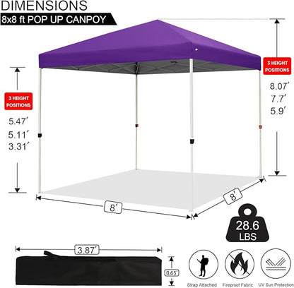 Northroad 8X8 FT Pop Up Canopy, Outdoor Instant Canopy Tent w/Carrying Bag, Portable Gazebo Shelter for Wedding Party,Commercial Event,Patio,Garden,Beach -Purple