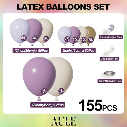 AULE Purple Balloon Arch Kit 155Pcs Dusty Macaron Purple Sand White Gold Balloons Garland for Birthday Anniversary Engagement Bridal Baby Shower Wedding Theme Party Decoration