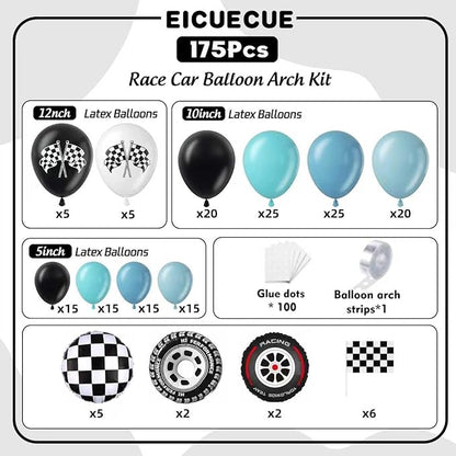 Race Car Balloon Arch Kit - 175Pcs Different Size Balloons Tire Flags Checkered Black Blue White Balloon Garland Kit for Racing Car Two Fast 2nd Theme Birthday Anniversary Party Decorations