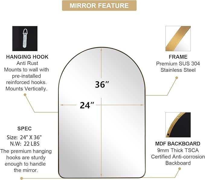 ANDY STAR Arched Mirror, 24 x 36 Inch Gold Wall Mirror in Stainless Steel Metal Frame, Arch Top Rounded Corner 1 Inch Deep Set Design Wall Mount Hangs Vertical