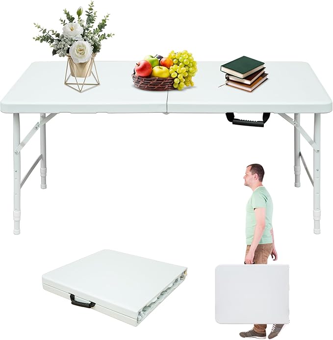 Portable 4Ft Folding Table, Heavy Duty Plastic Fold-in-Half Utility Foldable Table Small, Adjustable Height Plastic Folding Table with Carrying Handle for Camping & Party Indoor/Outdoor(White)