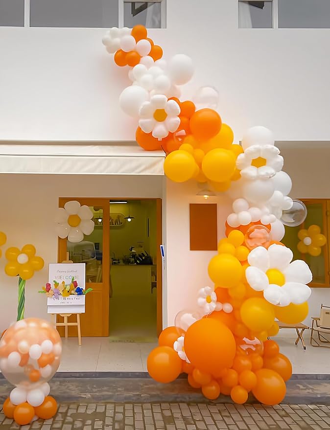 Boho Daisy Balloon Arch Garland Kit, 136Pcs Groovy Balloons Set with Pink Yellow Orange Nude Balloon, Daisy Flower Balloons for Two Groovy Birthday Baby Shower Wedding Party Decorations