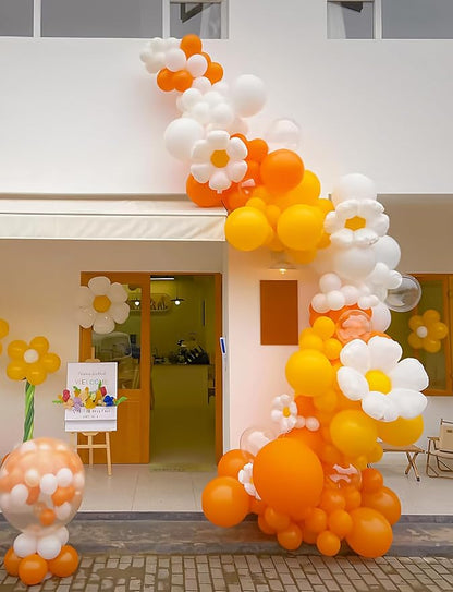 Boho Daisy Balloon Arch Garland Kit, 136Pcs Groovy Balloons Set with Pink Yellow Orange Nude Balloon, Daisy Flower Balloons for Two Groovy Birthday Baby Shower Wedding Party Decorations