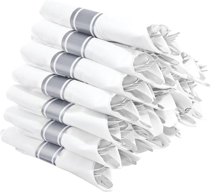 Supernal Pre Rolled Silver Plastic Silverware Set of 30 Wrapped Cutlery,Pre Rolled Napkins with Plastic Silverware Heavy Duty, Silver Disposable Forks and Spoons