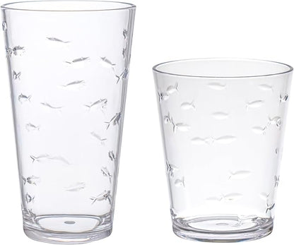 KLIFA- CHARLESTON- 16.5 & 19 oz, Set of 8, School of Fish Acrylic Drinking Glasses, BPA-Free, Stackable Plastic Drinkware, Dishwasher Safe Cups, Clear
