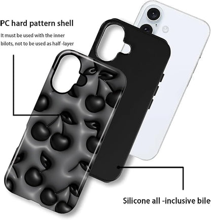 for iPhone 16 Case,HL2 Cute Cool Cherry Black Hybrid 2 Layer Hard Shell Silicone Protective Pattern Design Case