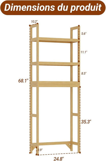 Over the Toilet Shelf, 3-Tier Over Toilet Storage Cabinet with Adjustable Shelves and 4 Hooks, Freestanding Wood Bathroom Organizer Space Saver for Small Bathrooms, Oak