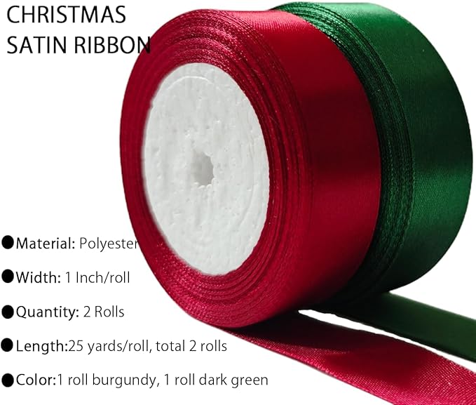 Dark Green Christmas Ribbon, Burgundy Satin Ribbon 1 Inch 50 Yards, Fabric Ribbons for Christmas Party Decorations, Gift Wrapping, Tree Ornaments, Bouquets, Door Wreaths, Bows Making and DIY Crafts