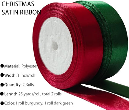 Dark Green Christmas Ribbon, Burgundy Satin Ribbon 1 Inch 50 Yards, Fabric Ribbons for Christmas Party Decorations, Gift Wrapping, Tree Ornaments, Bouquets, Door Wreaths, Bows Making and DIY Crafts