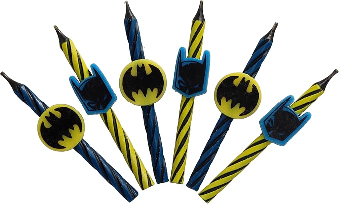Batman™ Birthday Cake Candles | 6 Birthday Candles for Cake Decorations, Black, Yellow, & Red Striped Candles, Cake Toppers for Batman Party