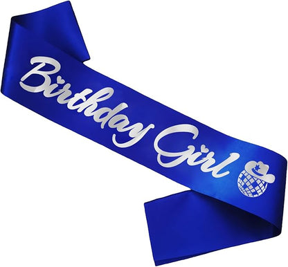 Birthday Girl Sash, Disco Cow Birthday Sash for Cowgirl Funny Birthday Gift Ideas Suppiles, Royal Blue+ Silver Foil