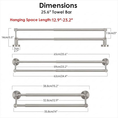 BESy Adjustable 16-26 Inches Double Bath Towel Bar for Bathroom SUS304 Stainless Steel Towel Holder, Hotel Style Wall Mount with Screws Hand Towel Bar Towel Rack Rod Hanger, Brushed Nickel Finish