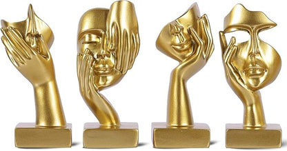 Gold Abstract Thinker Figurine Set of 4, Home Art Face Small Statue for Accents Decor Women Bedroom Shelf Bookcase Room Desk, TV Stand, Coffee Table Decor, Art Sculpture Gifts for Women (Gold)