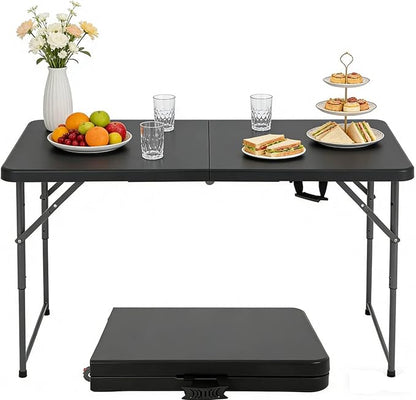 4FT Folding Table - Heavy Duty Portable Plastic Utility Table with Adjustable Height, Carry Handle. Indoor Outdoor Use for Camping, Parties, Picnics, Tailgating (4ft, Black)