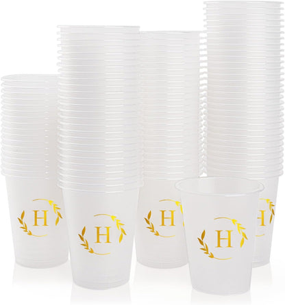 100 Monogrammed Cups Disposable Initial Plastic Cup 12 oz Wedding Personalized Cup for Wedding Reception Baby Shower Birthday Party(Letter H)