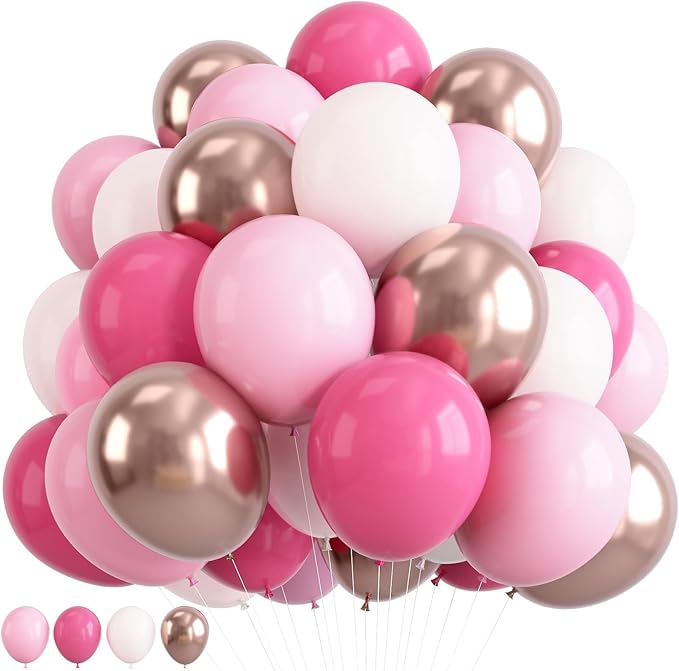 Pink Balloons Set, 12inch Retro Pastel Hot Light Pink Rose Gold White Latex Balloons for Girl Women Graduation Princess Wedding Bridal Baby Shower Mothers Day Bachelorette Birthday Party Decorations