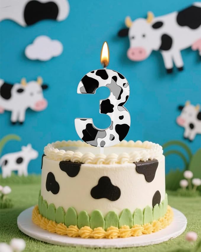 Number 3 Black Cow Birthday Candles，2.68 inch Metallic 3D Cow Birthday Candles, Cow Themed Cake Topper Decorations for Birthday Party Anniversary Celebration Supplies