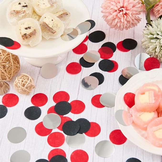 Silver Black and Red Tissue Paper Confetti Dots Table Decoration for Graduation Birthday Wedding Toss Halloween Retirement Party, 1 inch in Diameter, 100 grams