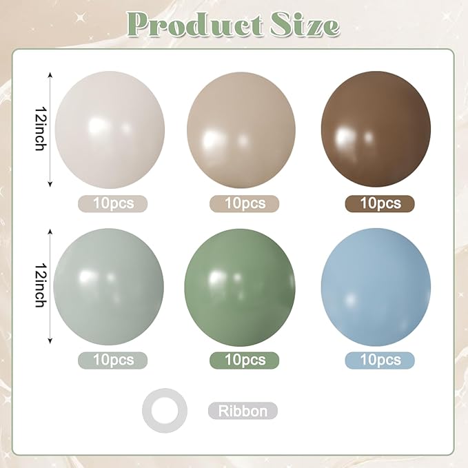 Sage Green Blue Brown Balloons, 60Pcs 12Inch Brown Nude Sage Green Olive Green Blue Sand White Balloon for Safari Jungle Woodland Wedding Baby Shower Birthday Party Decorations