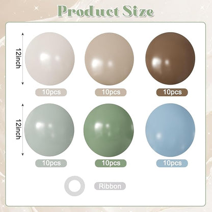 Sage Green Blue Brown Balloons, 60Pcs 12Inch Brown Nude Sage Green Olive Green Blue Sand White Balloon for Safari Jungle Woodland Wedding Baby Shower Birthday Party Decorations