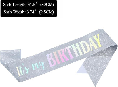 It's My Birthday Sash, Dazzle Foil Letter Glitter Silver Birthday Sash for Women Girl Kids Teenager Funny Bday Gifts Party Favors Photo Prop
