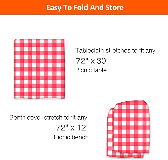 6ft Picnic Table and Bench Cover, Camping Essentials RV Gear, 72in Waterproof Windproof Outdoor Elastic All Around Tablecloth, Fitted Rectangle Tables and Seats, Red-White Checkered