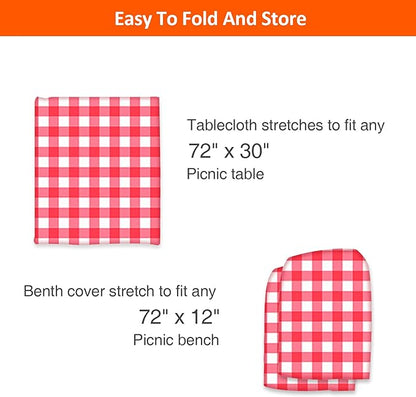 6ft Picnic Table and Bench Cover, Camping Essentials RV Gear, 72in Waterproof Windproof Outdoor Elastic All Around Tablecloth, Fitted Rectangle Tables and Seats, Red-White Checkered