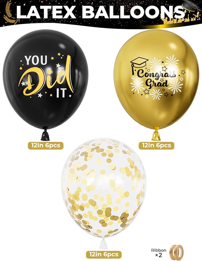 Graduation Balloons, Congrats Grad Balloons 12 Inch Black and Gold Balloon Class of 2026 Gold Confetti Latex Balloon for College High School Happy Graduation Party Decorations Supplies (18Pcs)