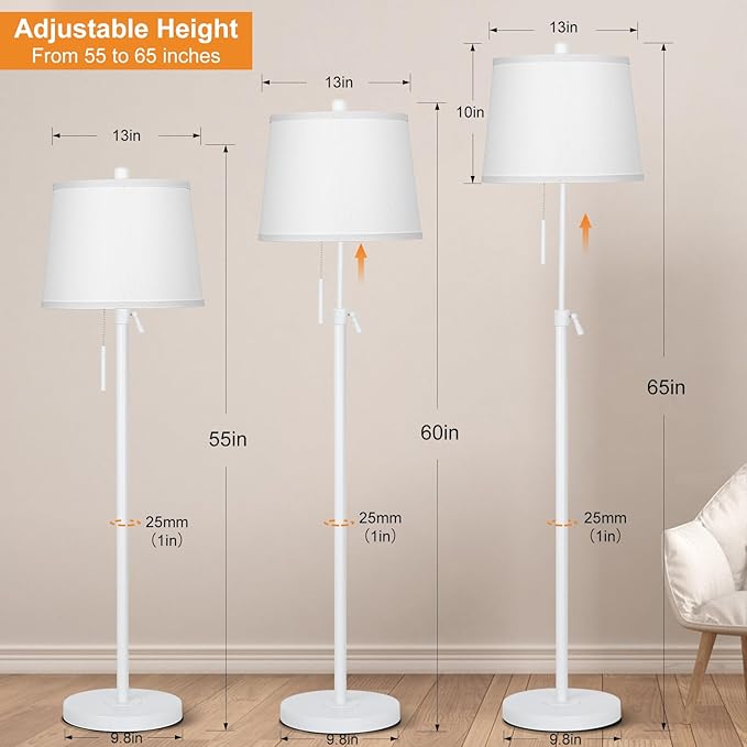 White Floor Lamp for Living Room 55-65" Adjustable Height Modern Standing Lamp with Pull Chain Tall Pole Light with White Shade for Bedroom Reading Office Corner Nursery 9W LED Bulb Included 3 Color