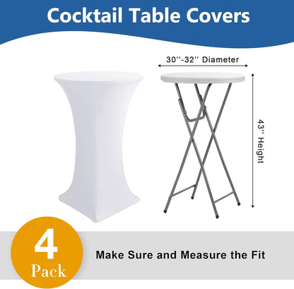 Cocktail Table Covers-Spandex Round High Top Table Cloths 4 Pack 32x43 Inch-White Stretch Fitted Bar Tall Tablecloth for Pub Bistro Highboy Party Event Banquet Height Folding Satnding Tables