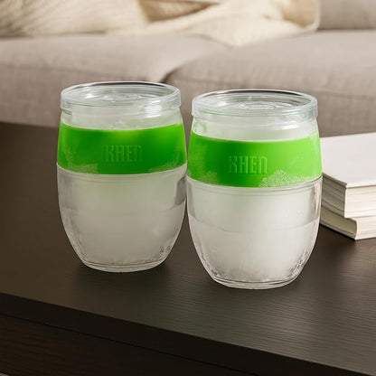 Freezable Wine Tumbler Set with Lids & Green Grip - 2 Set - 13 oz Tumblers Insulated Cooling Gel Glasses – Reusable Double Wall Stemless Cups for Keeping Drinks Cold, Outdoor Entertaining & Gifts