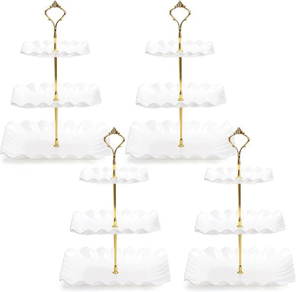 DEAYOU 4 Pack 3 Tier Plastic Cupcake Stand, White Square Dessert Tiered Serving Stand, Cake Pastry Display Tower Tray Platter Holder for Buffet, Cookie, Fruit, Table Decor, Party, Wedding, Birthday