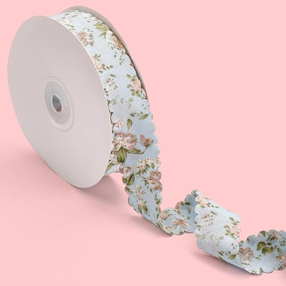 20 Yards Blue Floral Print Ribbon Flower Pattern Ribbon Vintage Spring Polyester Wavy Edge Ribbons Bulk with Spool for Sewing Making Wreath Wedding Crafts Bouquet Birthday Decor Christmas
