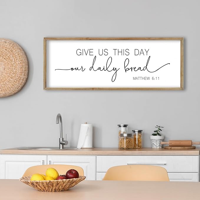 FZMHASLWW Dining Room Wall Decor Bible Verse Give Us This Day Our Daily Bread Christian Sign Plaque 32"×12" Matthew 6:11 for Farmhouse Kitchen Large Rustic Vintage Horizontal Wall Hanging Art (Wood)