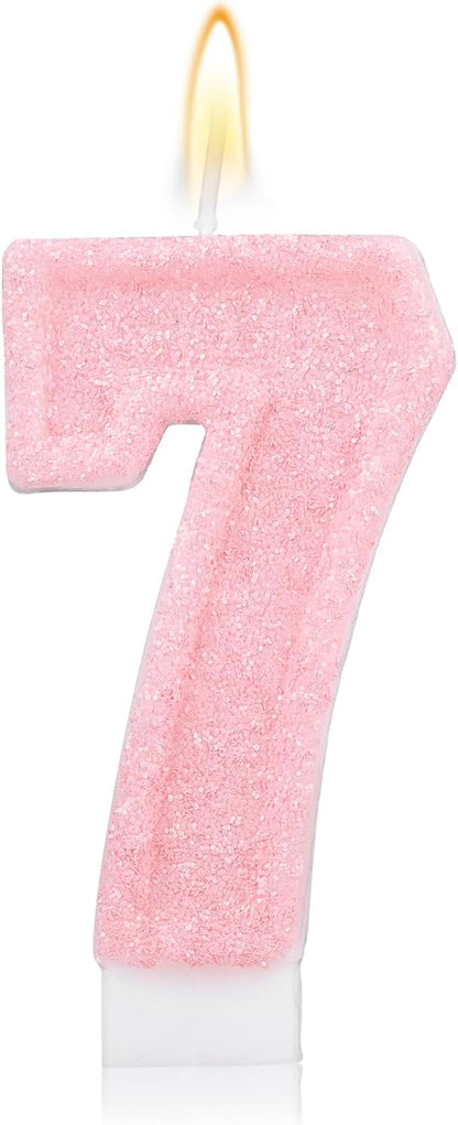 Pink Number Birthday Candles, Romantic Cake Glitter Pink Number Candles Anniversary Cake Topper Decoration Cute Birthday Party Supplies for Wedding Anniversary Celebration Supplies (7)