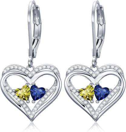 Valentines Day Gifts for Women, Heart Leverback Earrings Double Birthstone Dangle Earrings for Women, Love Jewelry for Her, Anniversary Birthday Gift for Mom Wife Girlfriend