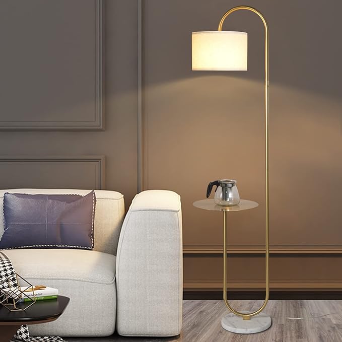 Hsyile KU300271 Arc Floor Lamp with Hanging Drum Shade for Living Room-Marble Base Modern Tall Stand Up Light with Table, Contemporary Over The Couch Gold Lamp Standing Lamps for Bedroom Office
