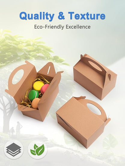 50 Pcs Small Party Treat Boxes, 6 Inch Candy Cookie Goodie Gift Bags Gable Box for Kids Birthday Party, Kraft Brown
