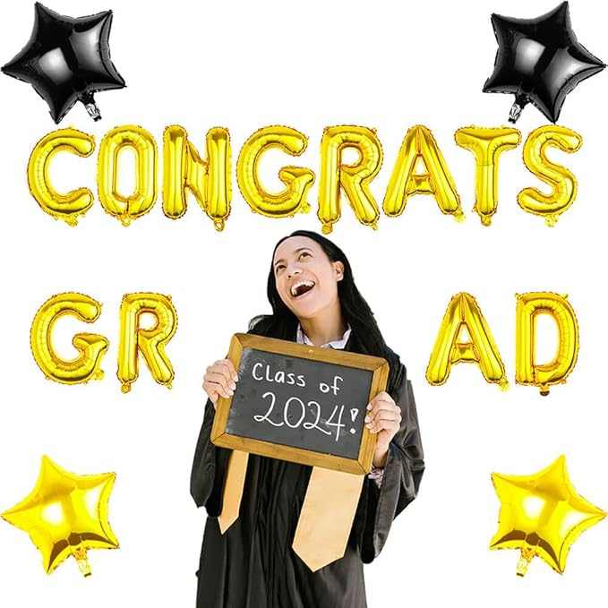 CONGRATS GRAD Gold Balloon Gift Set - Perfect Graduation Gift - Complete 19-Piece Party Kit with 16” Letters + 18" Stars - Ready-to-Give Celebration Package 2026