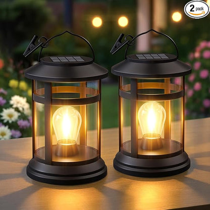 Solar Lanterns Outdoor Waterproof: 2 Pack Hanging Solar Lights for Outside Patio Porch Garden Tabletop Decor - Bright LED Warm White Solar Powered Lighting - Unique Gardening Gifts for Mom