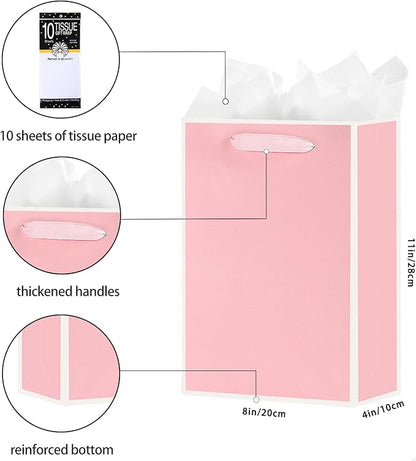 SHIPKEY 10 Pcs Luxury Pink Bags with Tissue Paper, Gift Bag for Men, Groomsmen Proposal Bag with White Frame, 8x4x11 Inches Kraft Paper Bags with Handles Bulk (20x10x28cm)