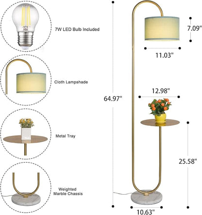 Hsyile KU300272 Arc Floor Lamp with Hanging Drum Shade for Living Room-Marble Base Modern Tall Stand Up Light with Table, Contemporary Over The Couch Gold Lamp Standing Lamps for Bedroom Office